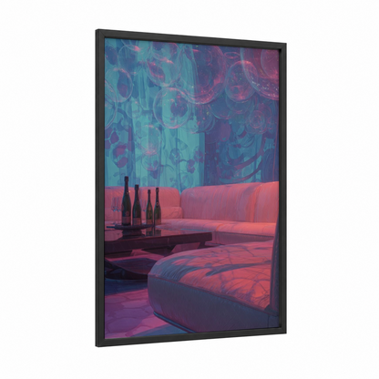 Neon Champagne Lounge framed art print — black wood frame — magenta and teal palette