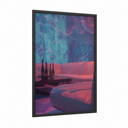 Neon Champagne Lounge framed art print — black wood frame — magenta and teal palette