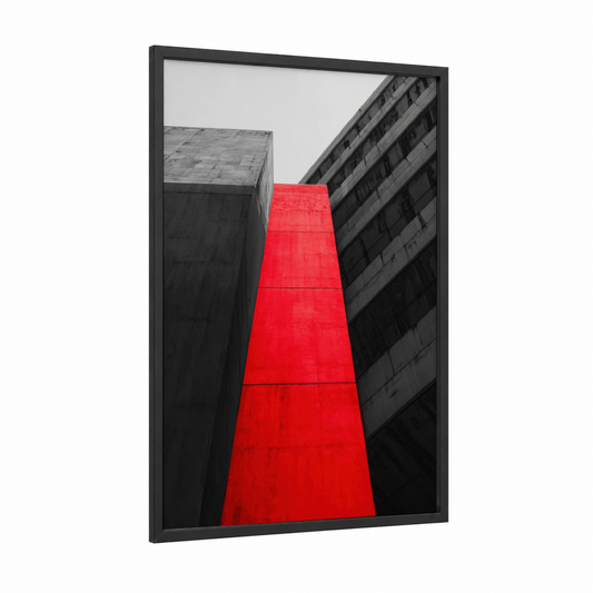 Crimson Monolith framed abstract architecture print — black wood frame — red and gray palette
