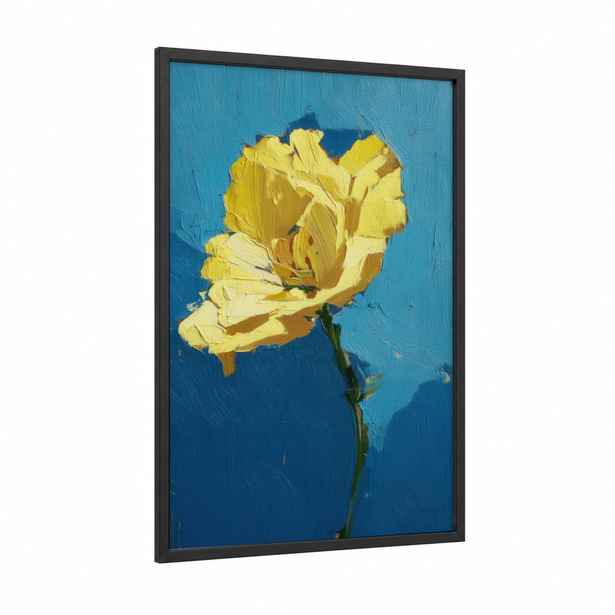 Yellow Blossom framed abstract flower print — black wood frame — blue and yellow gold palette