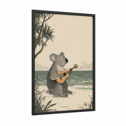 Musical Koala framed art print — black wood frame — cream and sage green palette
