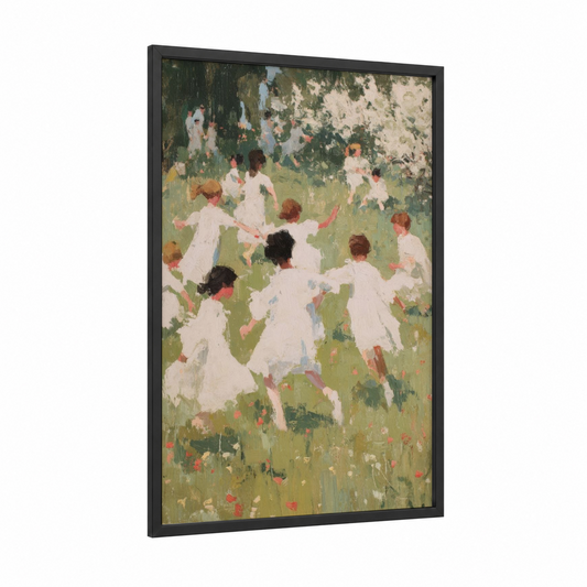 May Day Celebration framed art print — black wood frame — white and green palette