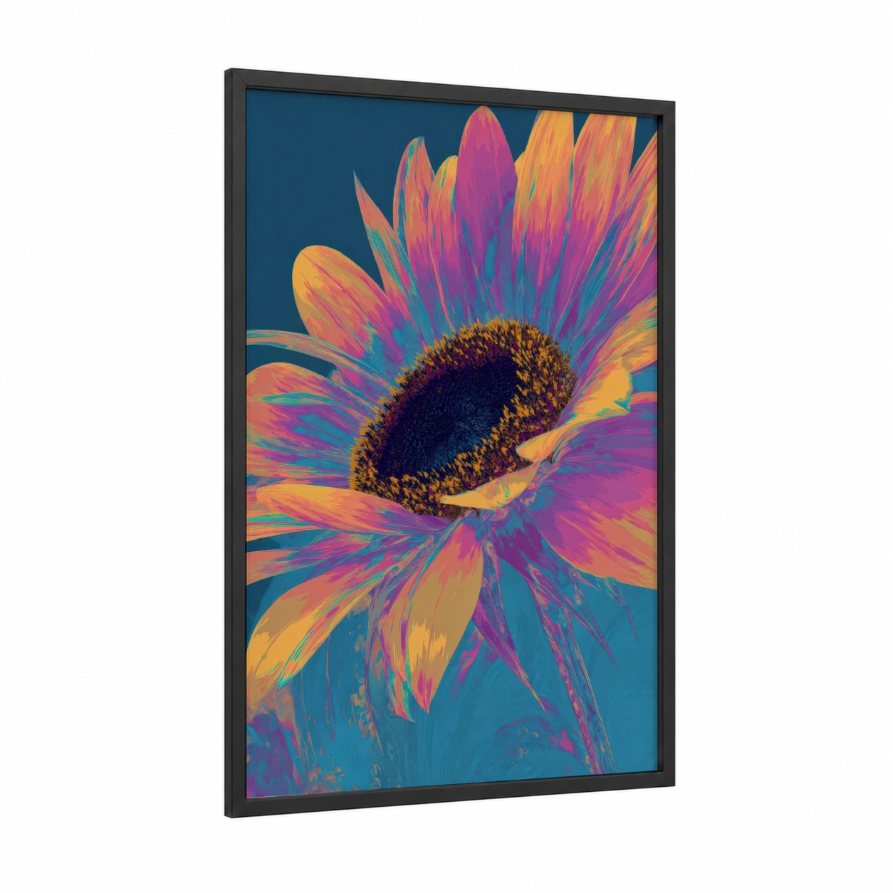 Vibrant Sunflower framed art print — black wood frame — magenta and gold palette