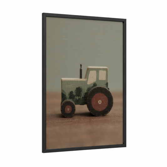 Vintage Farm Tractor framed woodcarving print — black wood frame — sage green and russet palette