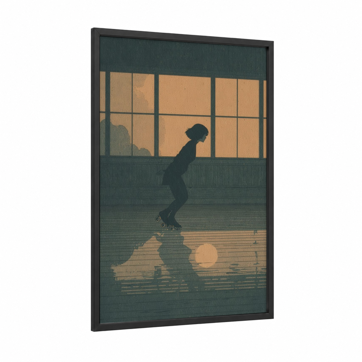 Evening Skater framed roller skating print — black wood frame — gold and dove gray palette
