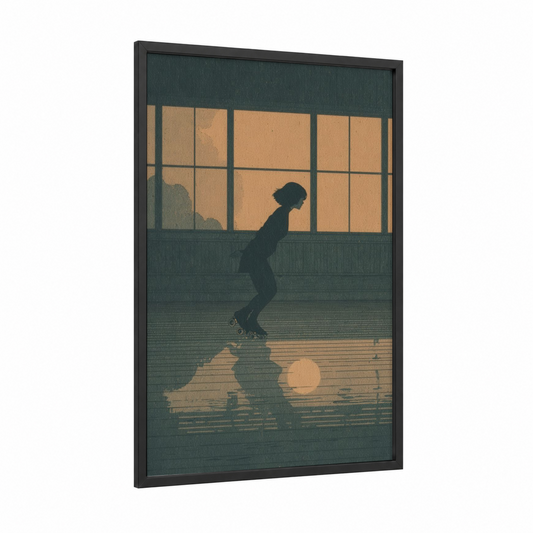 Evening Skater framed roller skating print — black wood frame — gold and dove gray palette