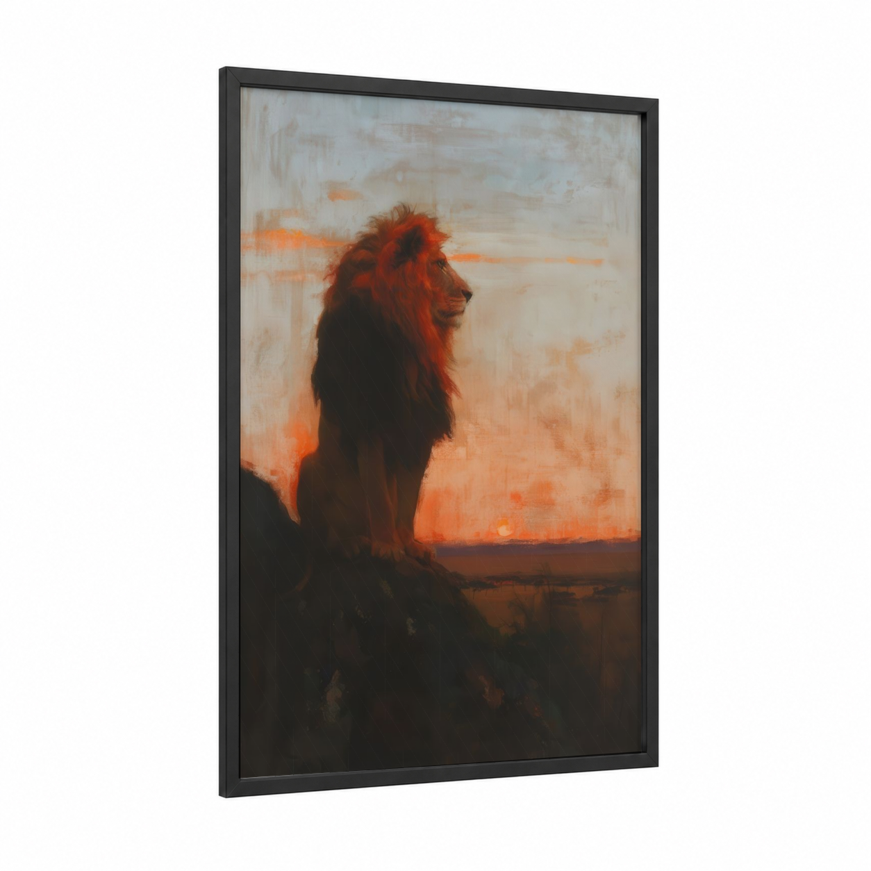 Sunset Lion framed art print — black wood frame — orange and black palette