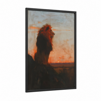 Sunset Lion framed art print — black wood frame — orange and black palette
