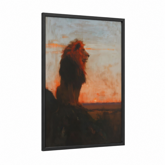 Sunset Lion framed art print — black wood frame — orange and black palette
