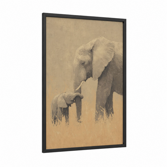 Tender Elephant Bond framed animals in love print — black wood frame — cream and gray palette