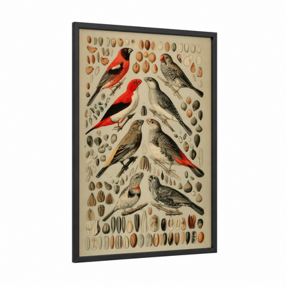 Scarlet Finch Study framed art print — black wood frame — red and beige palette