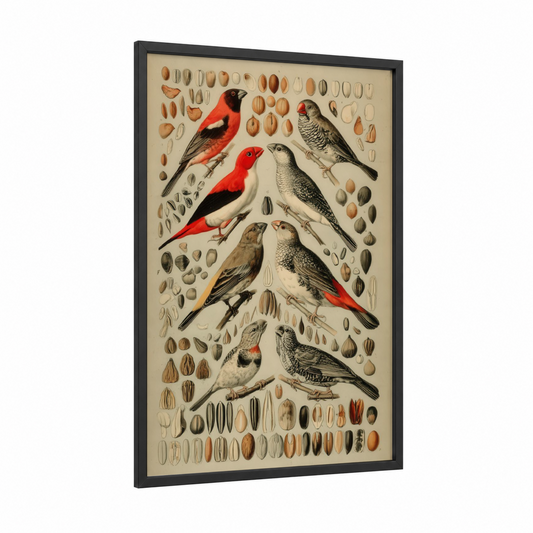 Scarlet Finch Study framed art print — black wood frame — red and beige palette