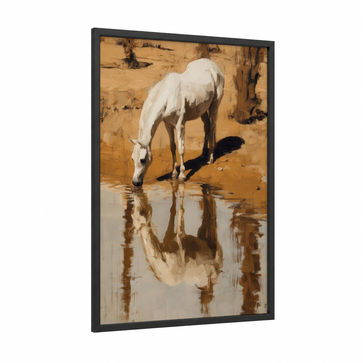 Desert Reflection framed arabian horse print — black wood frame — gold and white palette