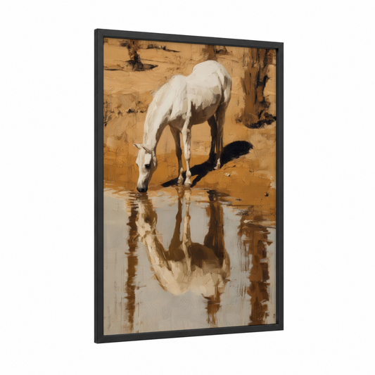 Desert Reflection framed arabian horse print — black wood frame — gold and white palette