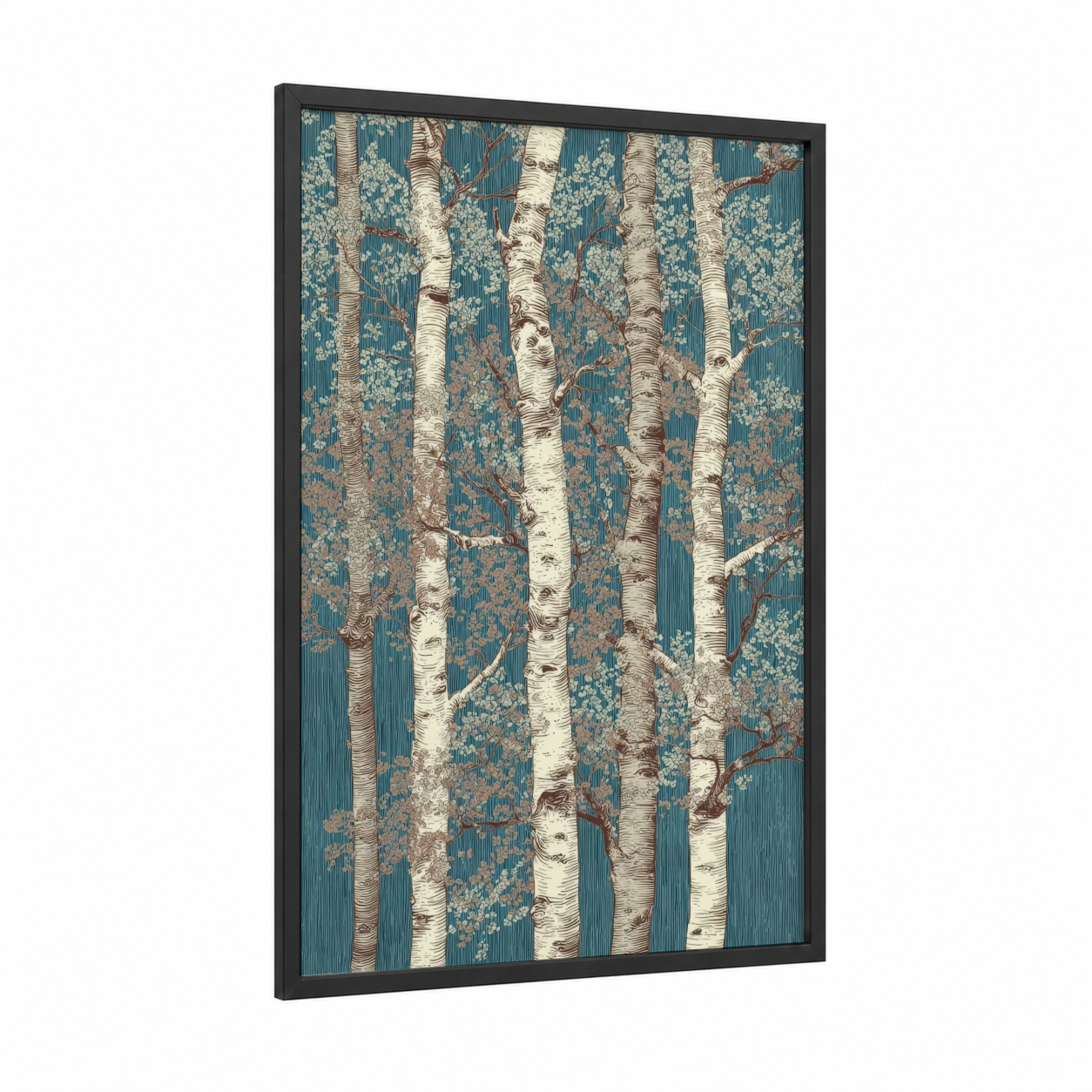 Serene Birch Forest framed art print — black wood frame — teal and cream palette
