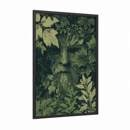 Green Man Spirit framed wiccan print — black wood frame — dark green and light green palette