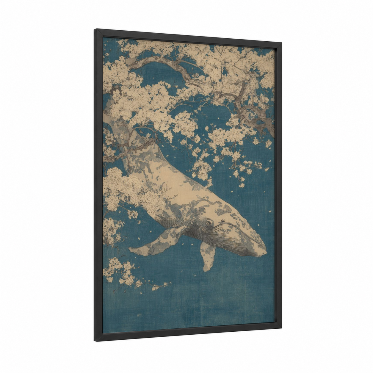Coastal Sperm Whale framed art print — black wood frame — dark blue and cream palette