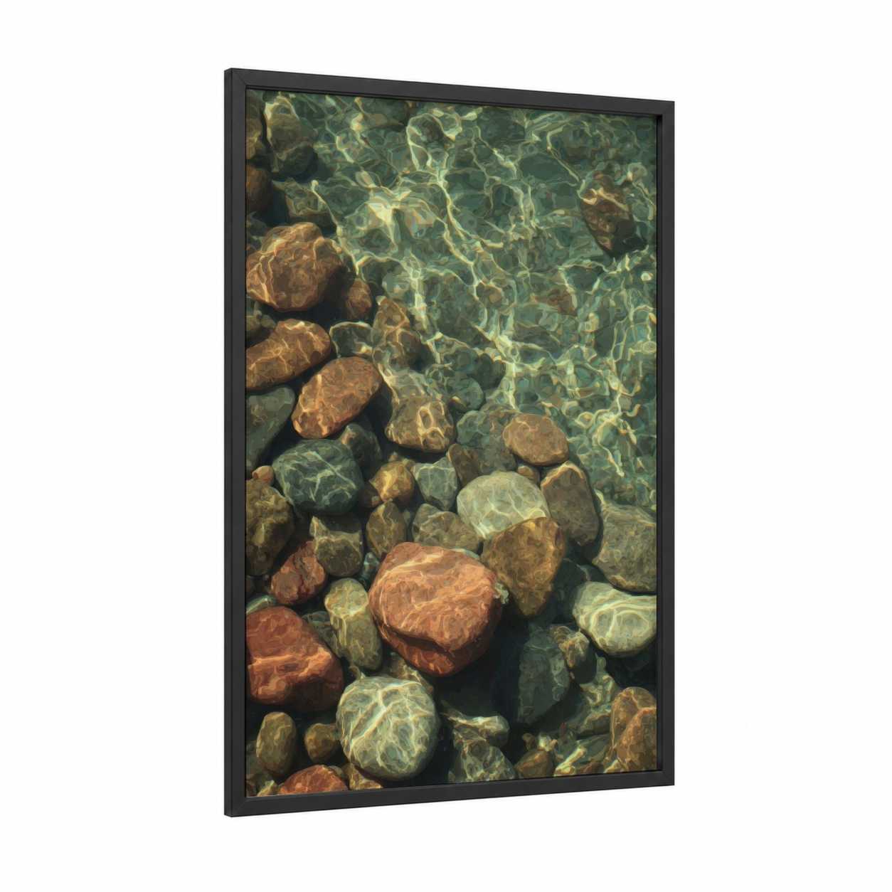 Shallow Water Stones framed natural stones print — black wood frame — gold and green palette