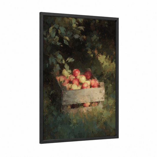 Orchard Harvest framed fruit print — black wood frame — gold and dark green palette