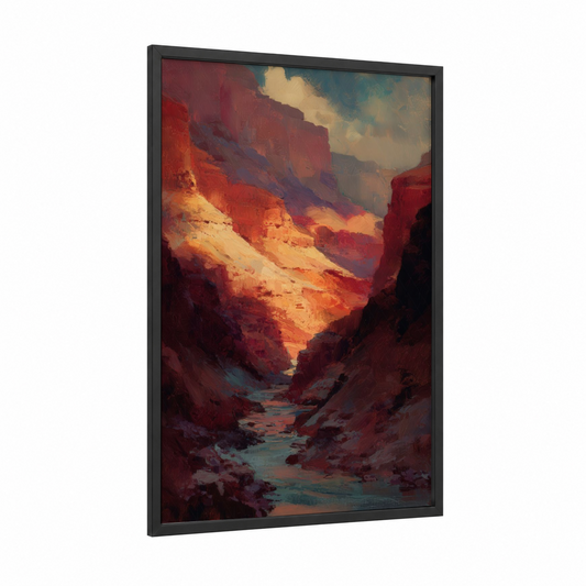 Golden Canyon Light framed dune print — black wood frame — gold and maroon palette