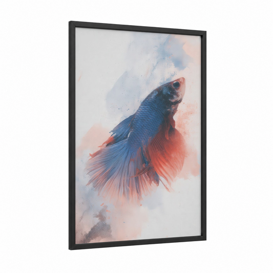 Crimson Betta framed fighting fish print — black wood frame — blue and salmon pink palette