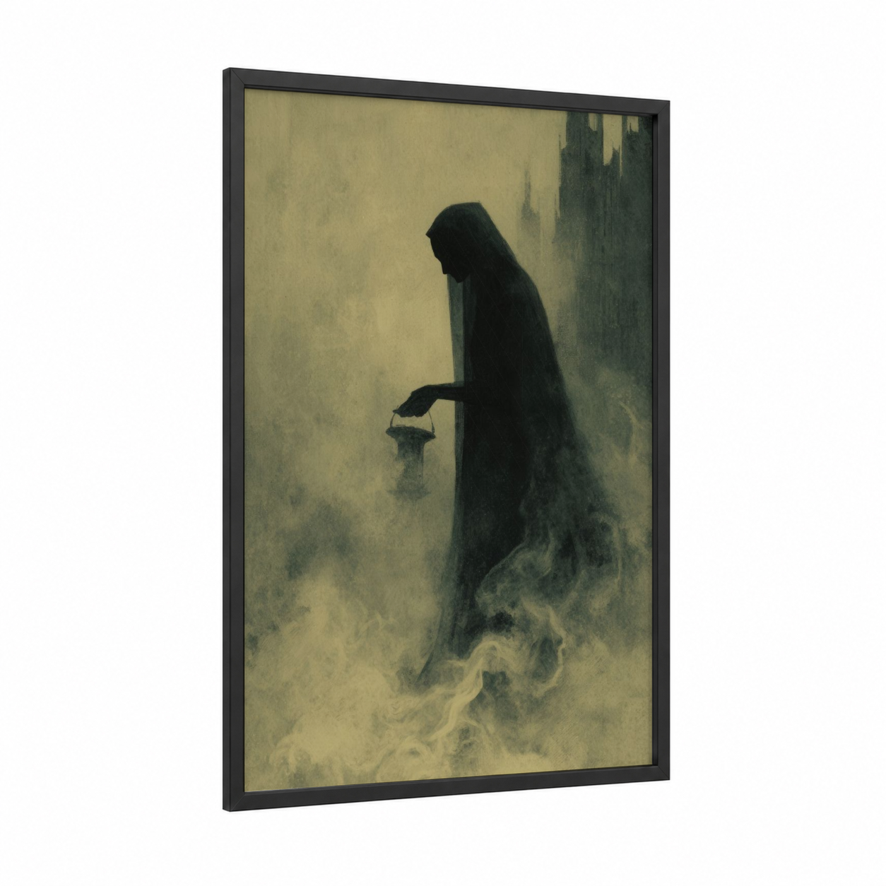 Shrouded Specter framed dark fantasy print — black wood frame — black and gray and white palette