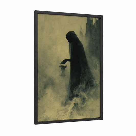 Shrouded Specter framed dark fantasy print — black wood frame — black and gray and white palette