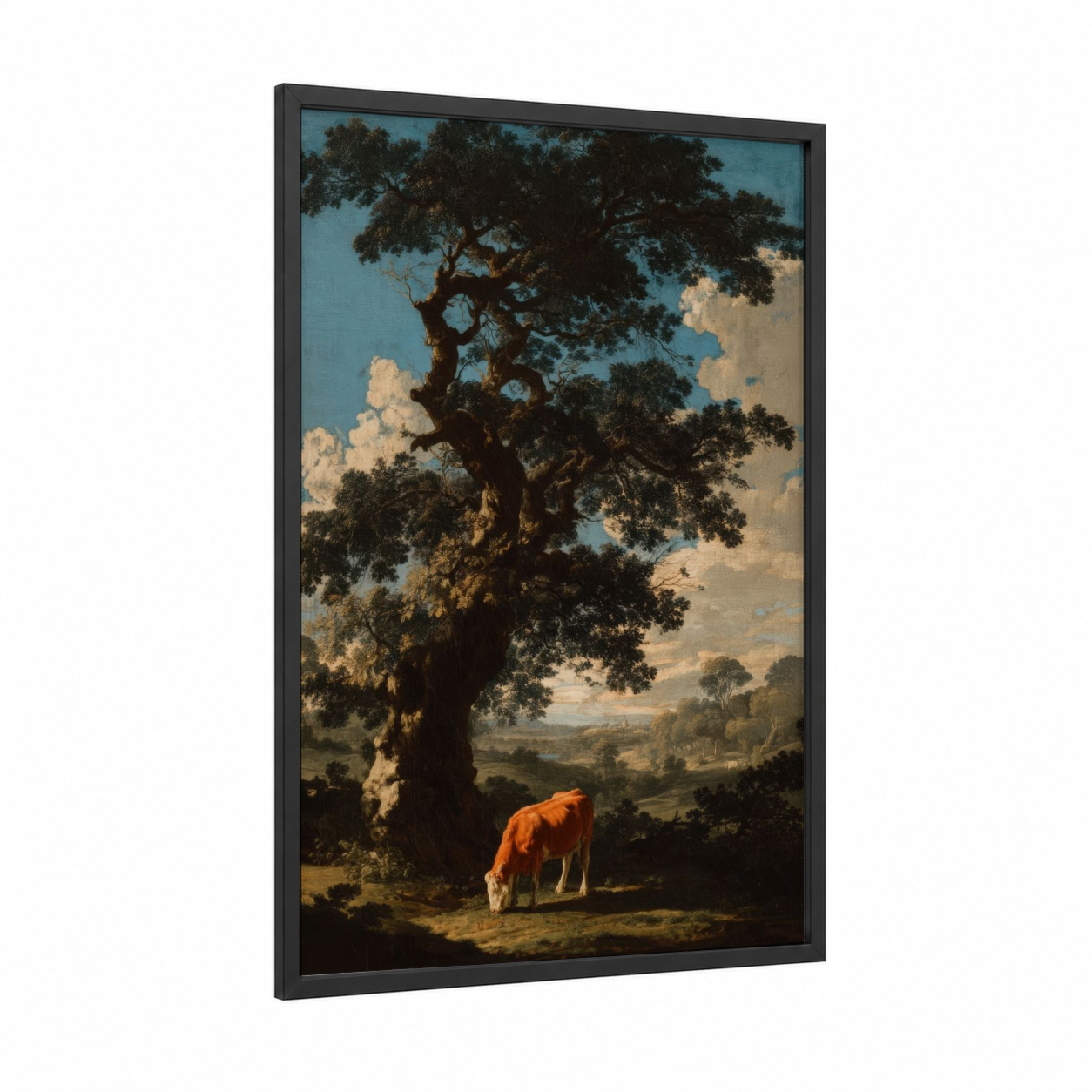 Pastoral Hereford framed hereford cow print — black wood frame — blue and gold palette