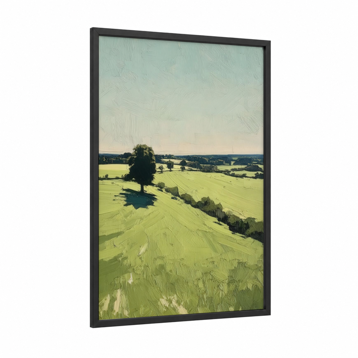 Solitary Hilltop framed various landscapes print — black wood frame — light green and cream palette