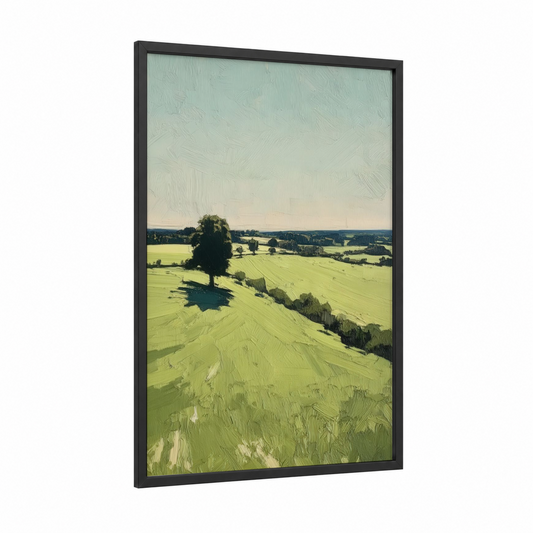Solitary Hilltop framed various landscapes print — black wood frame — light green and cream palette