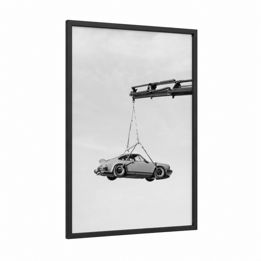 Suspended Sportscar framed sports car print — black wood frame — black and white palette