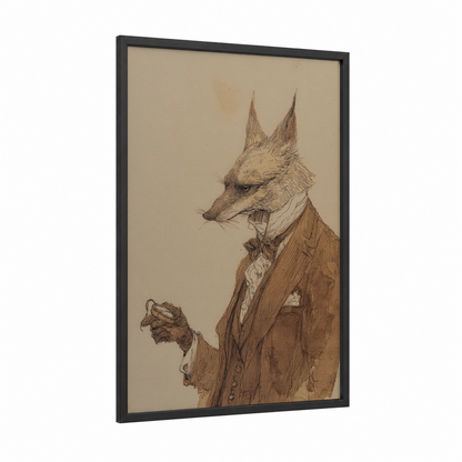 Dapper Coyote framed art print — black wood frame — beige and brown palette