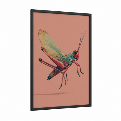 Crimson Grasshopper framed art print — black wood frame — salmon pink and teal palette