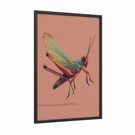 Crimson Grasshopper framed art print — black wood frame — salmon pink and teal palette