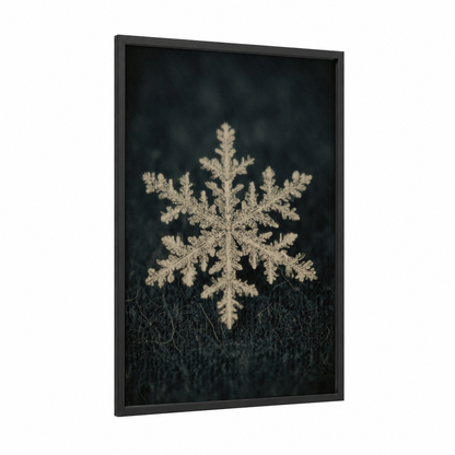 Frosted Snowflake framed winter print — black wood frame — black and white palette