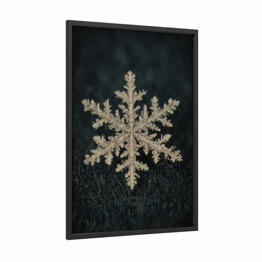 Frosted Snowflake framed winter print — black wood frame — black and white palette