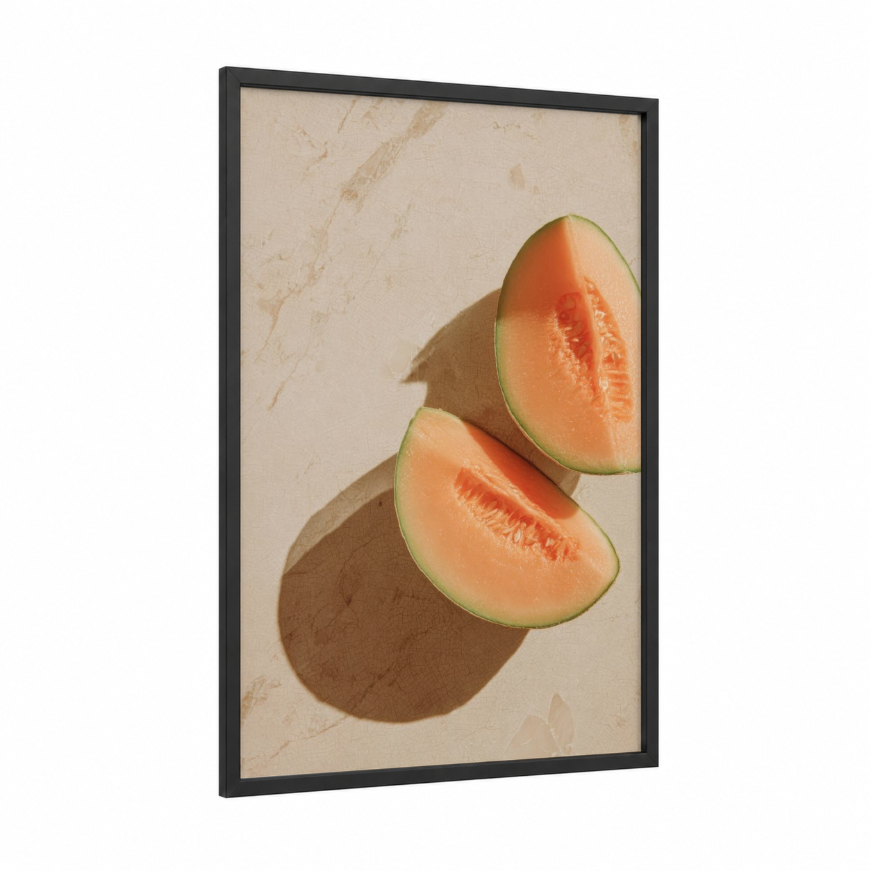 Cantaloupe Halves framed fruit print — black wood frame — peach and sage green palette