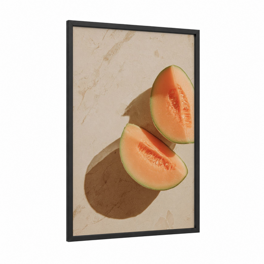 Cantaloupe Halves framed fruit print — black wood frame — peach and sage green palette