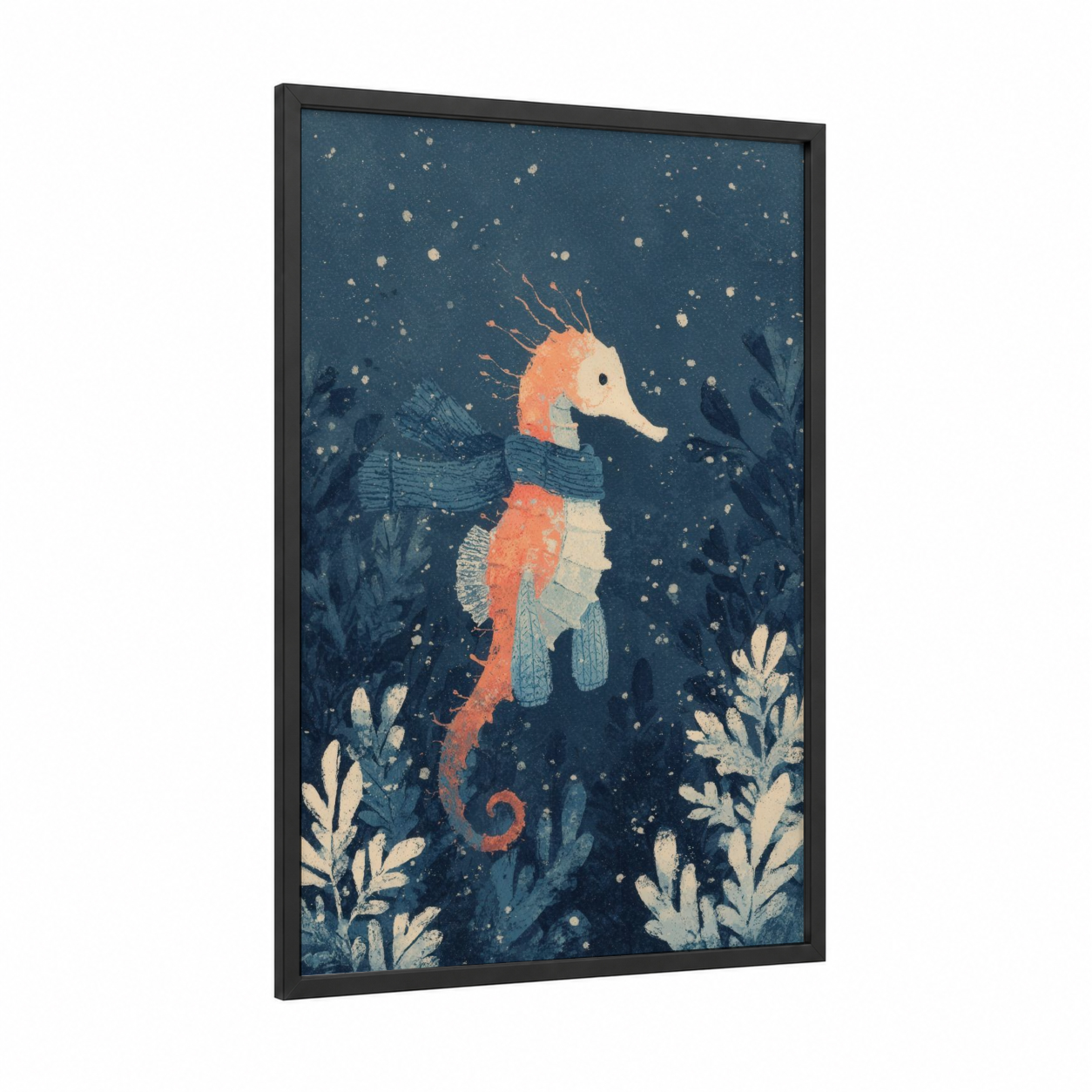 Coral Sea Horse framed art print — black wood frame — blue and peach palette