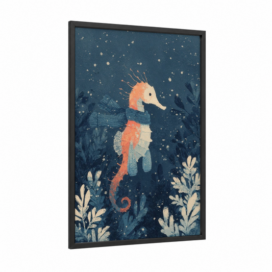 Coral Sea Horse framed art print — black wood frame — blue and peach palette