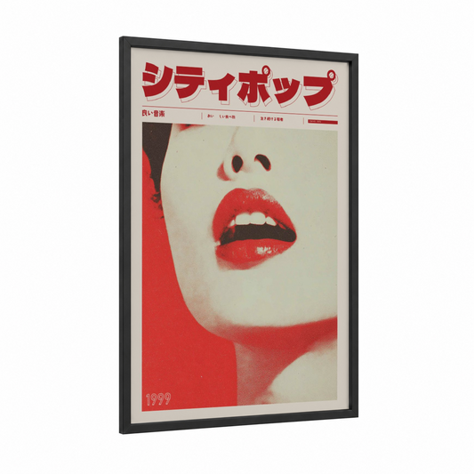 Crimson Beauty Y2K framed japanese y2k print — black wood frame — red and cream palette