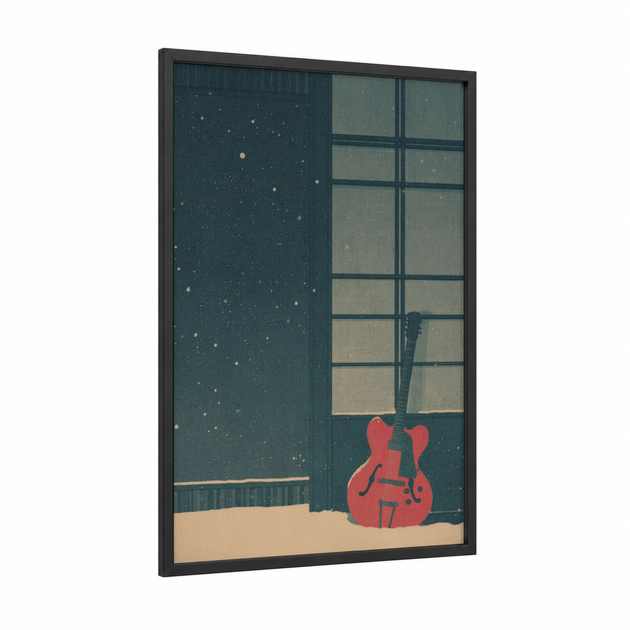 Nighttime Guitar framed electric guitar print — black wood frame — teal and red palette