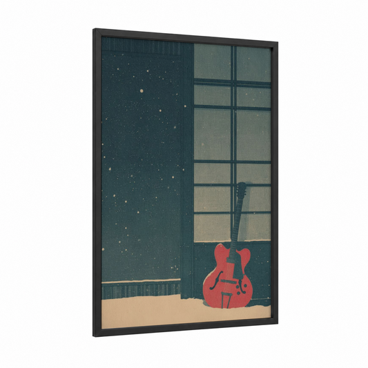 Nighttime Guitar framed electric guitar print — black wood frame — teal and red palette