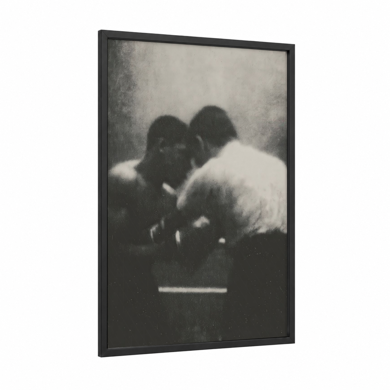 Vintage Boxing Match framed art print — black wood frame — black and white and gray palette