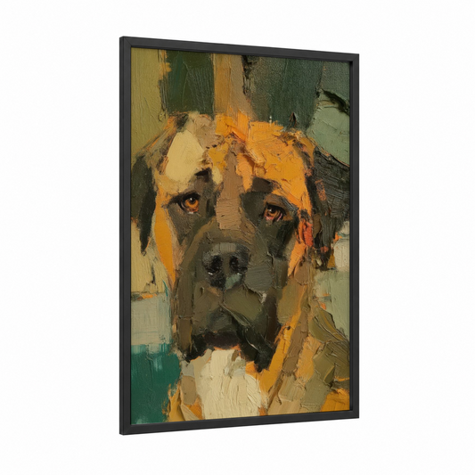 Golden Mastiff framed art print — black wood frame — gold and sage green palette
