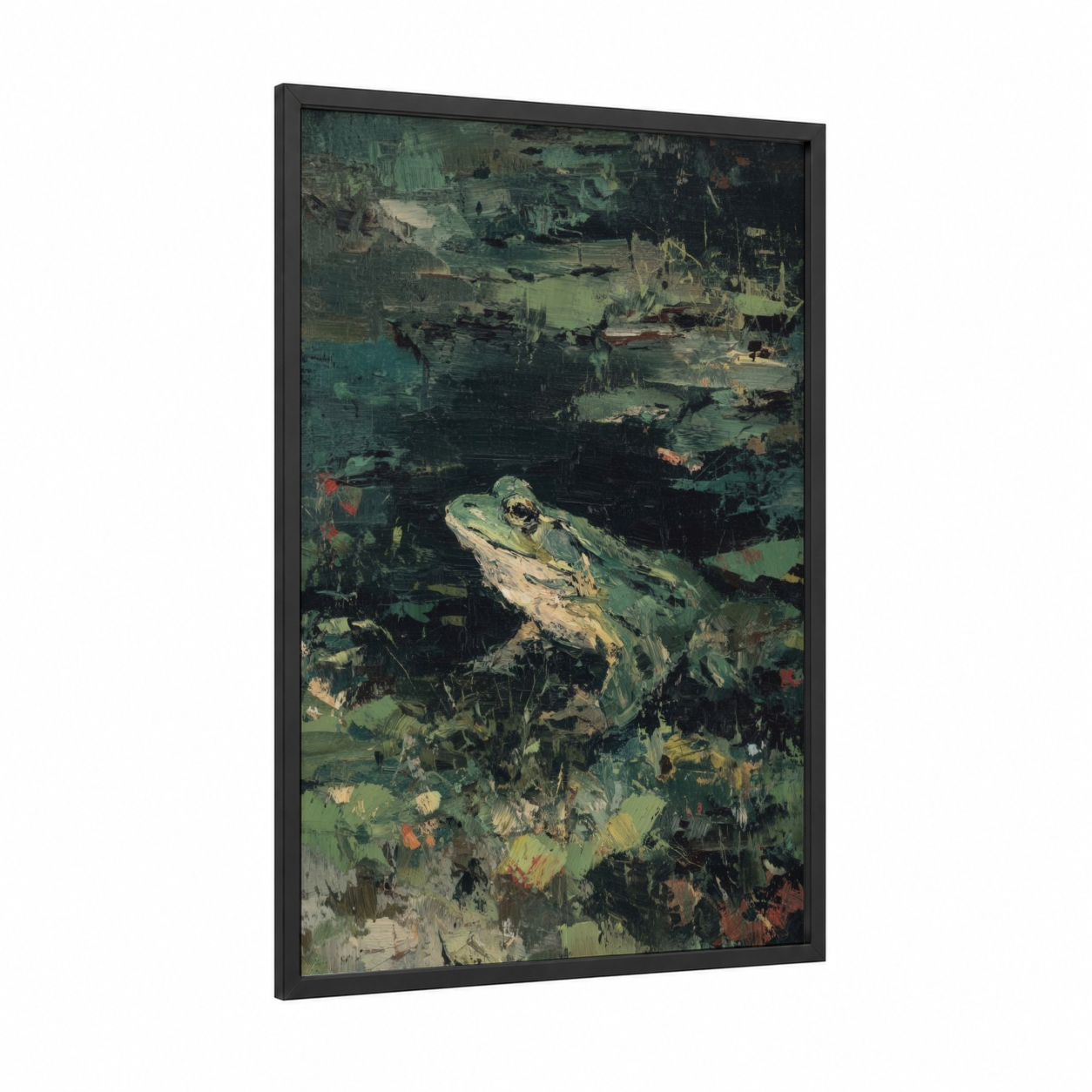 Marsh Toad framed frogs and toads print — black wood frame — dark green and olive palette