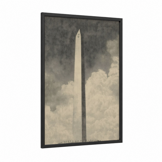 Clouded Monument framed washington monument print — black wood frame — cream and gray palette