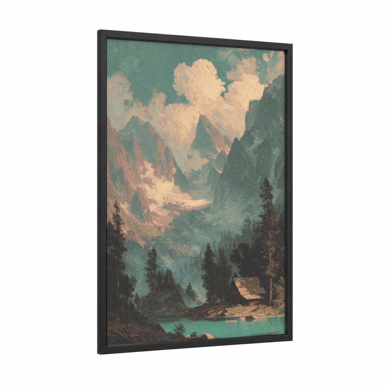 Mountain Cottage Valley framed art print — black wood frame — teal and peach palette