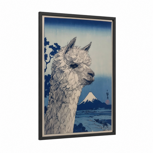 Mount Fuji Alpaca framed art print — black wood frame — blue and cream palette