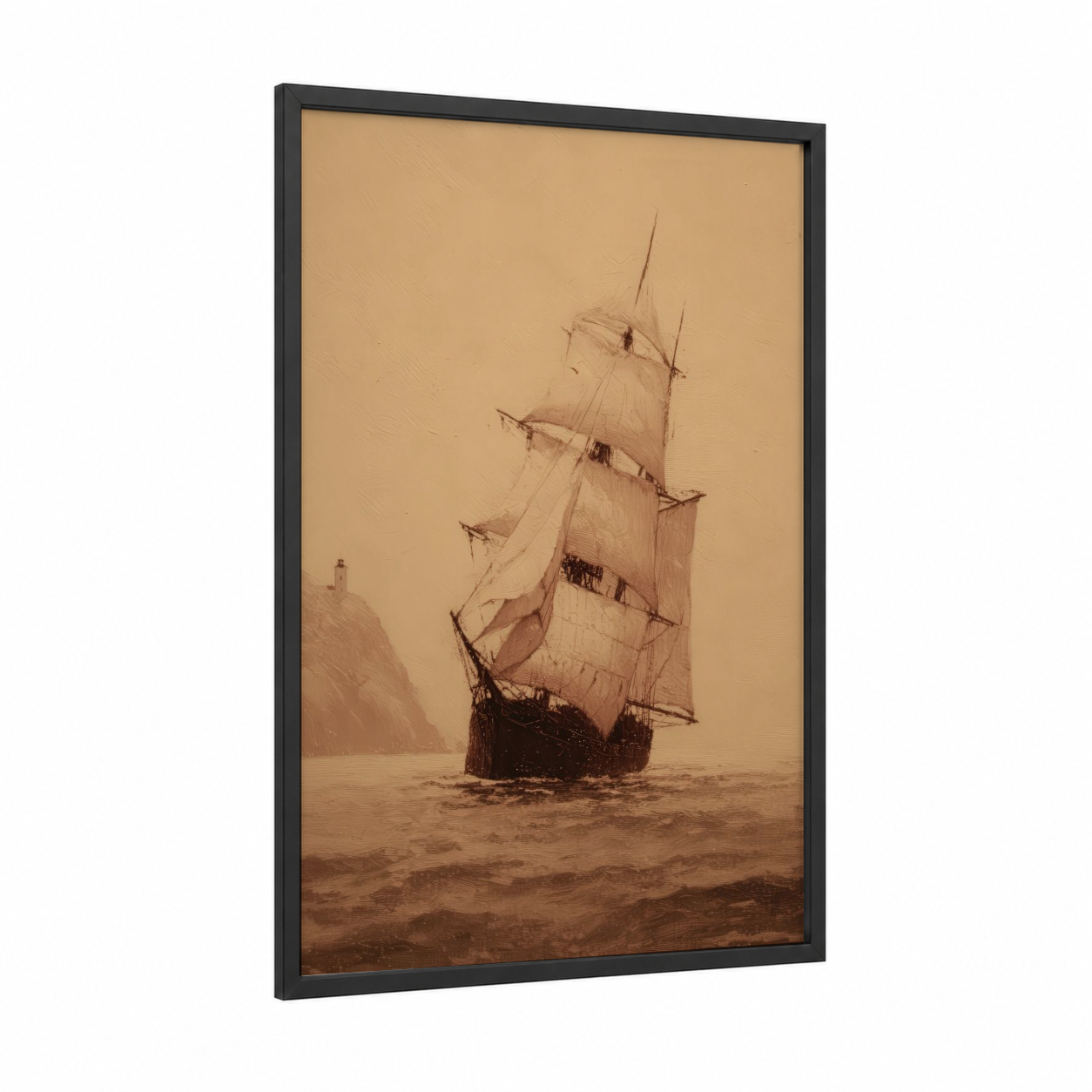 Misty Sailing Ship framed old ships print — black wood frame — beige and brown palette